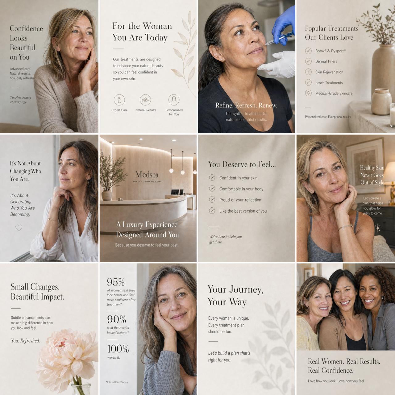 Skin Solution MedSpa brand board with real women, treatment imagery, luxury interiors, and natural results messaging