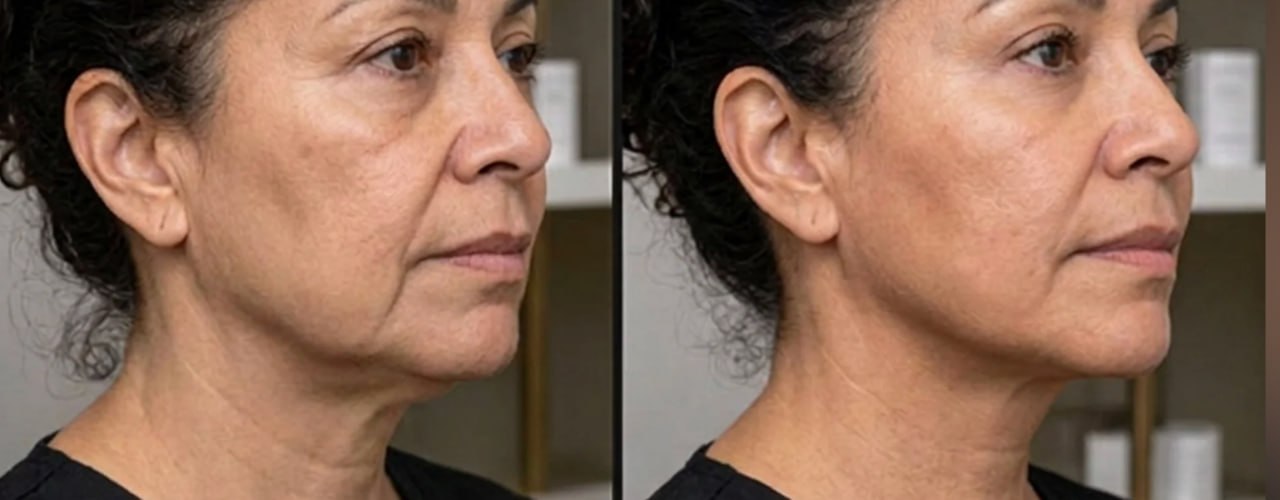 Non-surgical facelift before and after showing jawline improvement at Skin Solution MedSpa Boardman Ohio